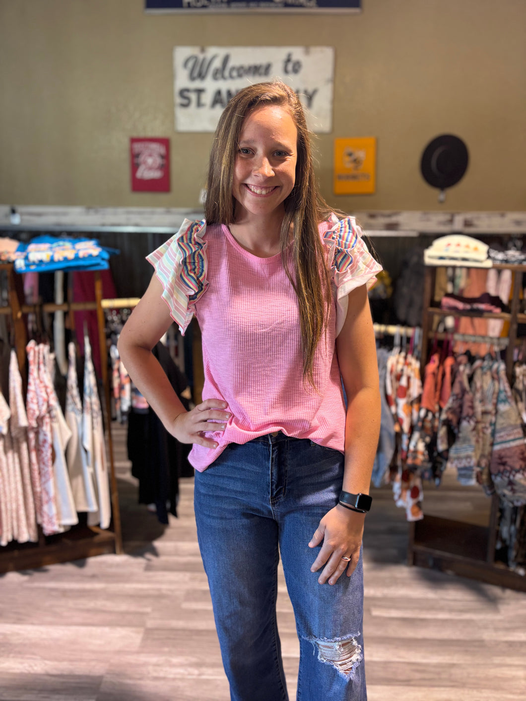Striped Flutter Sleeve Top
