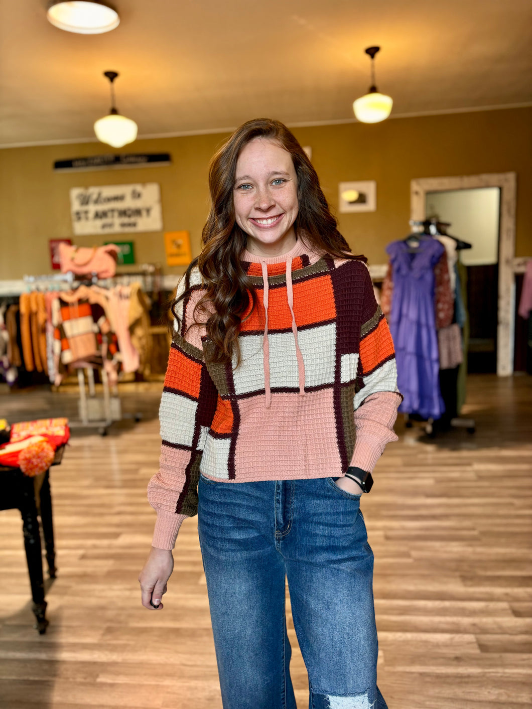 Orange Plaid Knit Top