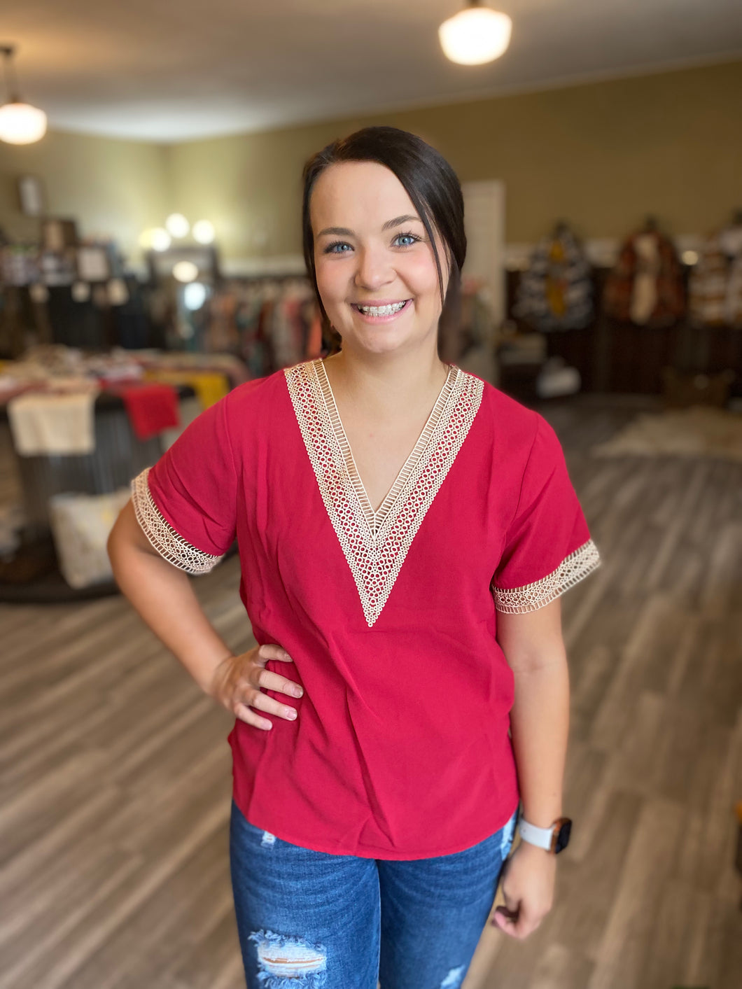 Red Lace Splicing Top